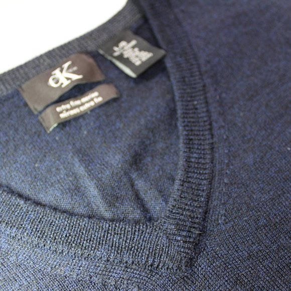 Calvin Klein Navy Blue V Neck Merino Wool Sweater - Picture 6 of 6